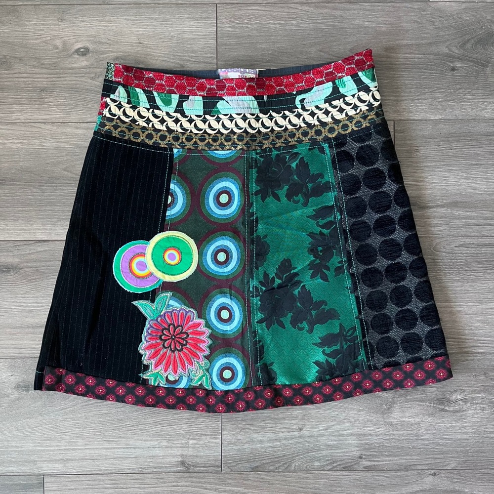 Desigual Patchwork Mini Skirt Floral Geometric Mixed Media Boho Size 44